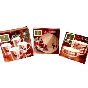 Gibson Winter Reindeer Ceramic Plate Bowl Cup Sets